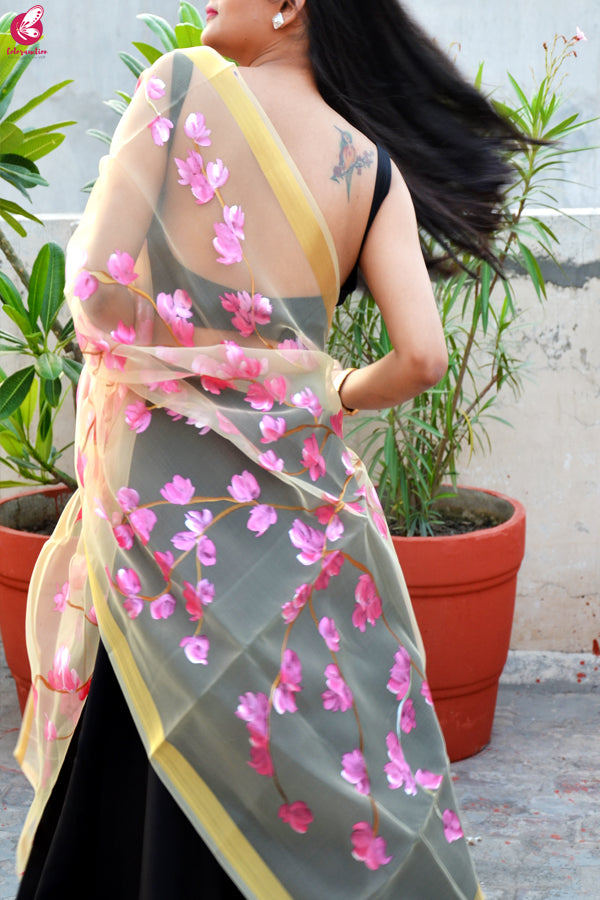 Cream Organza Hand painted Floral Stole