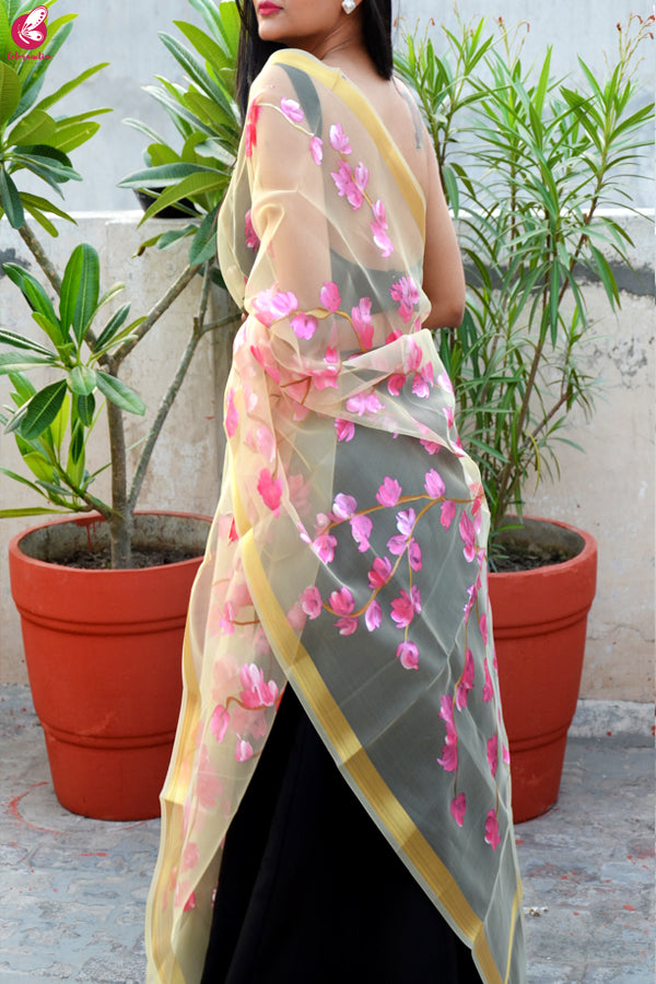 Cream Organza Hand painted Floral Stole