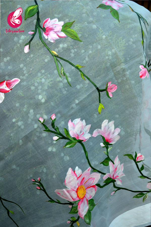 Off White Pink Floral Handpainted Pure Organza Stole