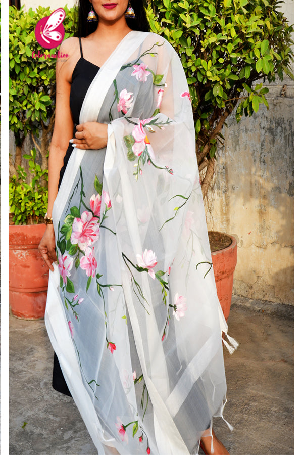 Off White Pink Floral Handpainted Pure Organza Stole