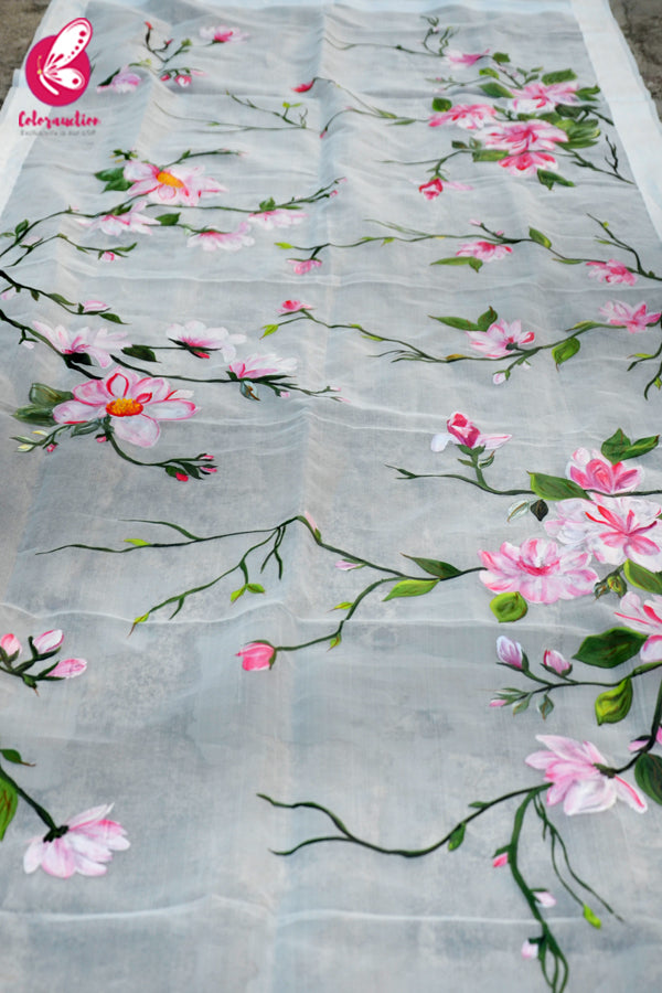 Off White Pink Floral Handpainted Pure Organza Stole