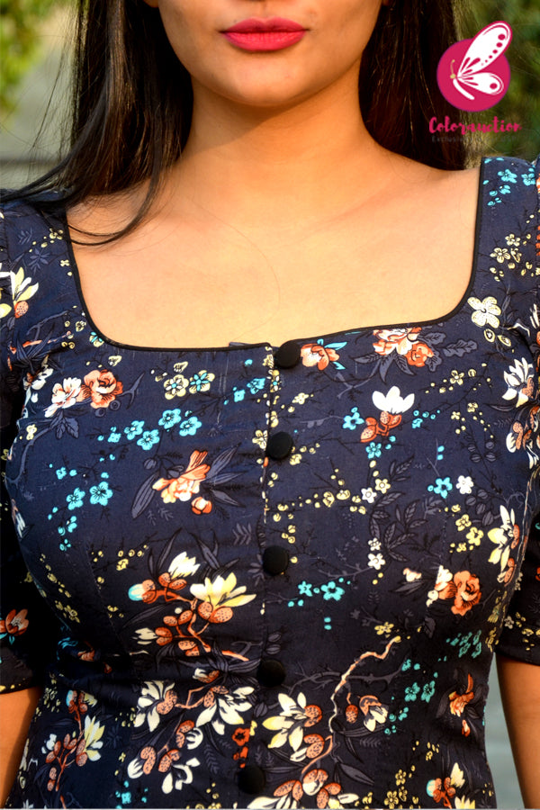 Blue Floral Printed Rayon Half Sleeves Kurti