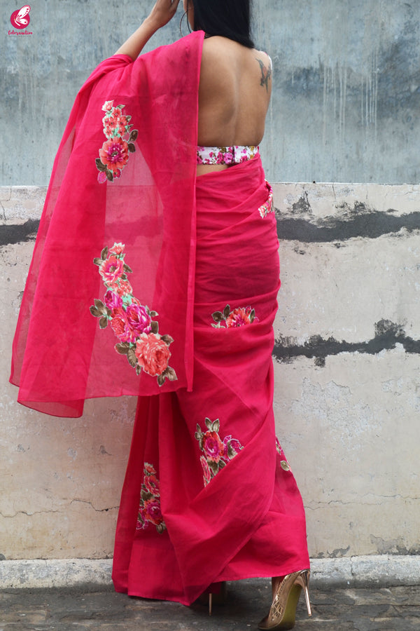 Magenta Organdy Applique Floral Saree
