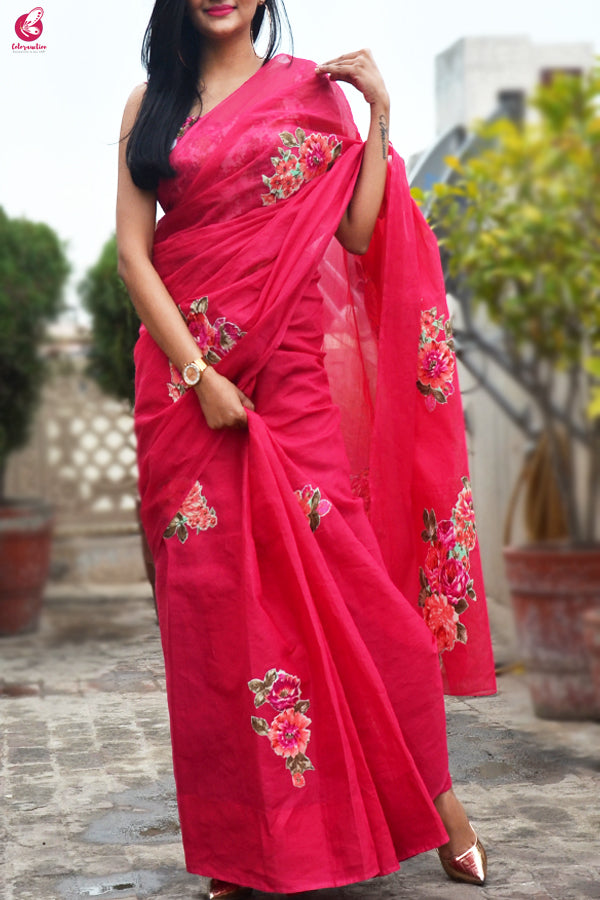 Magenta Organdy Applique Floral Saree