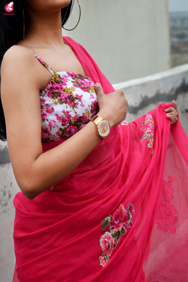 Magenta Organdy Applique Floral Saree