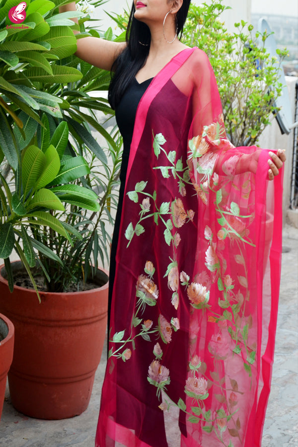 Pink Organza Hand painted Floral Stole