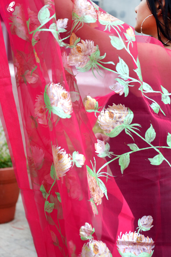 Pink Organza Hand painted Floral Stole