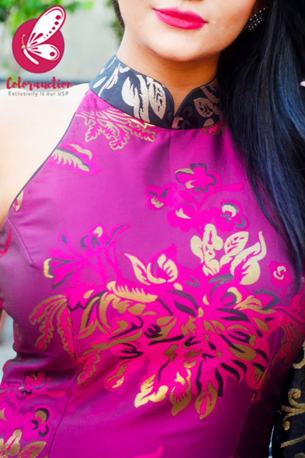 Magenta &amp; Golden Brocade Silk Padded Kurti with Magenta Cotton Silk Pants and Black Golden Chanderi Dupatta