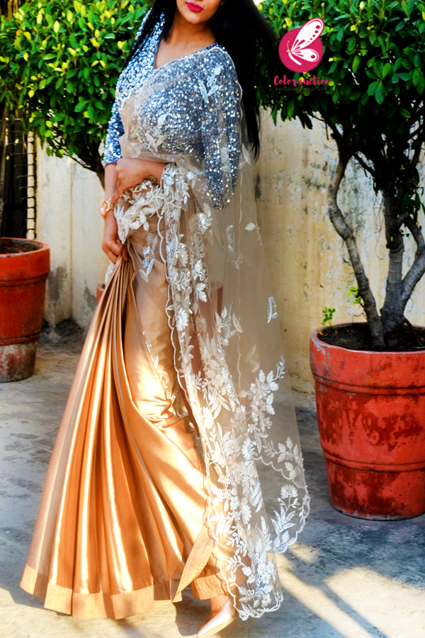 Golden Embroidered Net Satin Half &amp; Half Saree