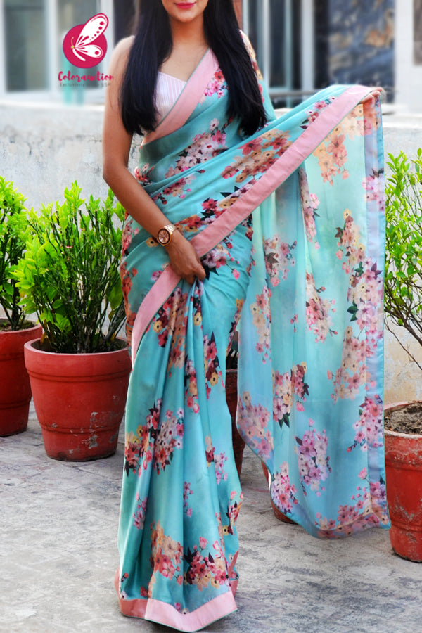 Printed Multicolored Floral Motifs Satin Saree