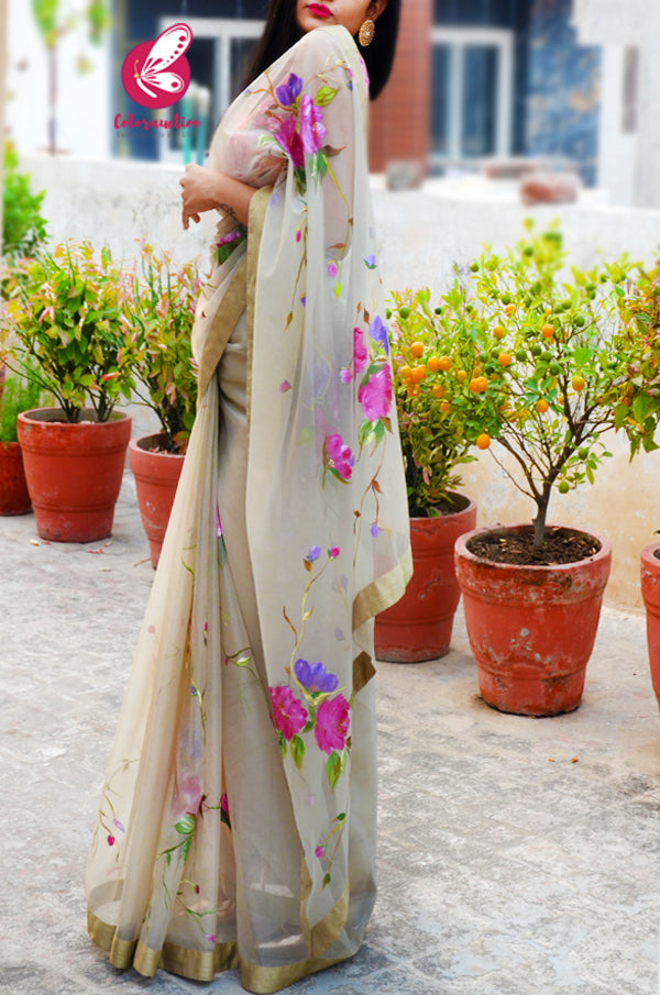 Light Sage Green Hand-painted Pure Organza Saree