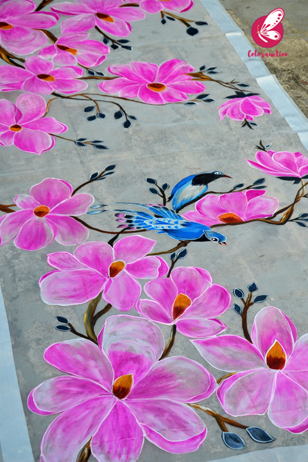 Off White Big Pink Flowers Blue Bird Pure Organza Handpainted Stole