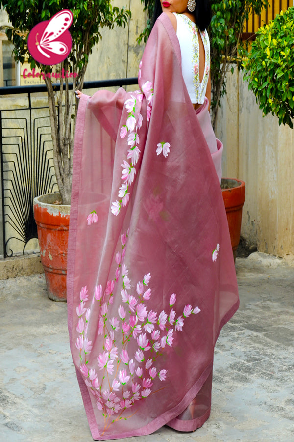 Mauve Hand-painted Pure Organza Saree