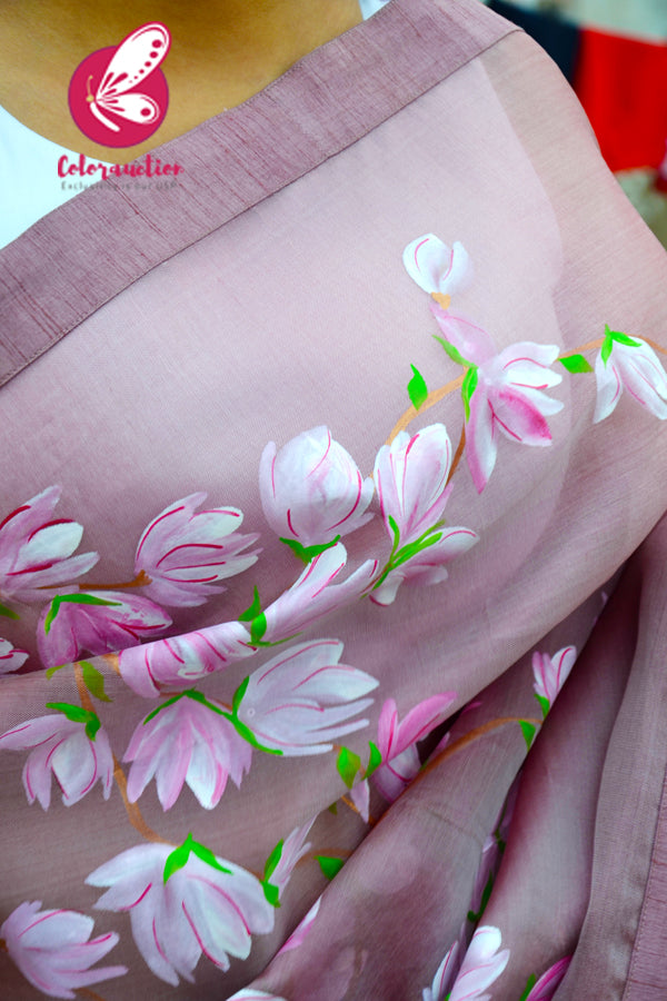 Mauve Hand-painted Pure Organza Saree