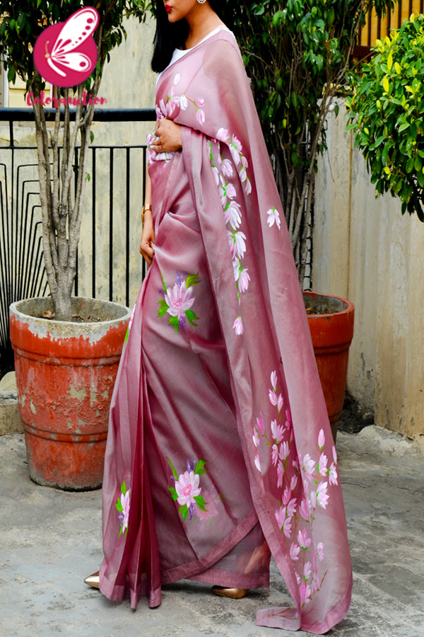 Mauve Hand-painted Pure Organza Saree