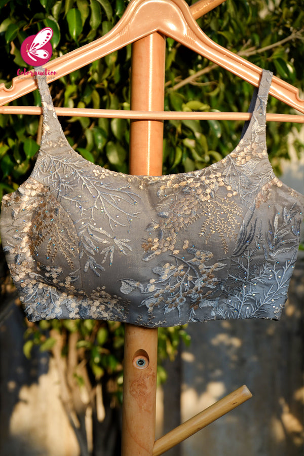 Grey Net Embroidered Padded Backless Blouse
