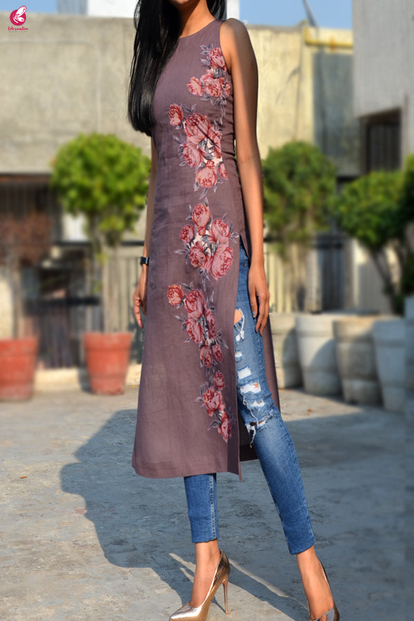 Mauve Pure Linen Patch Work Kurti