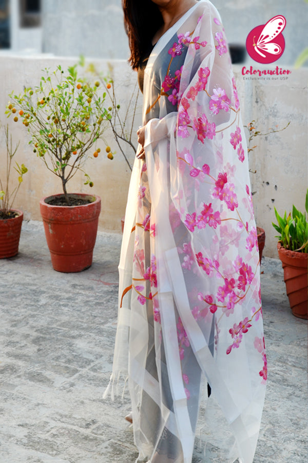 White Organza Handpainted Floral Stole