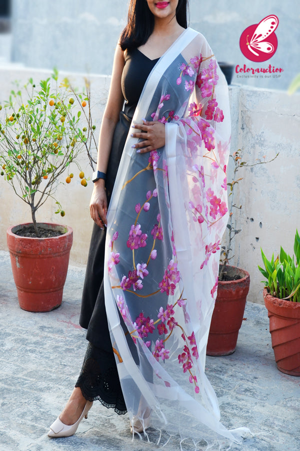 White Organza Handpainted Floral Stole