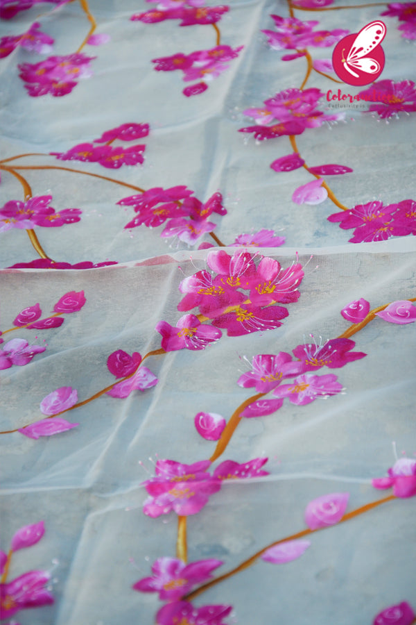 White Organza Handpainted Floral Stole