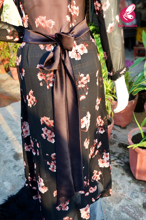 Black Printed Peach Floral Georgette Full Sleeves Long Shrug