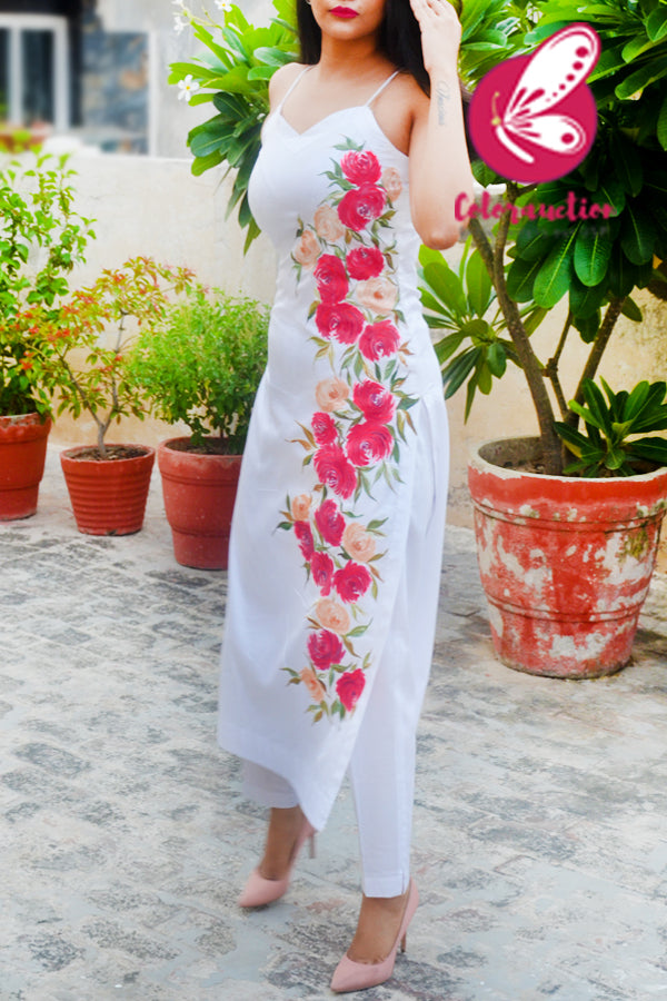 White Cotton Silk Handpainted  Kurti with White Cotton Silk Pants