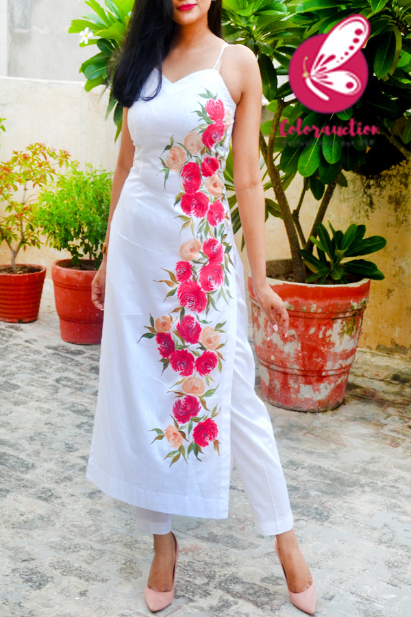 White Cotton Silk Handpainted  Kurti with White Cotton Silk Pants