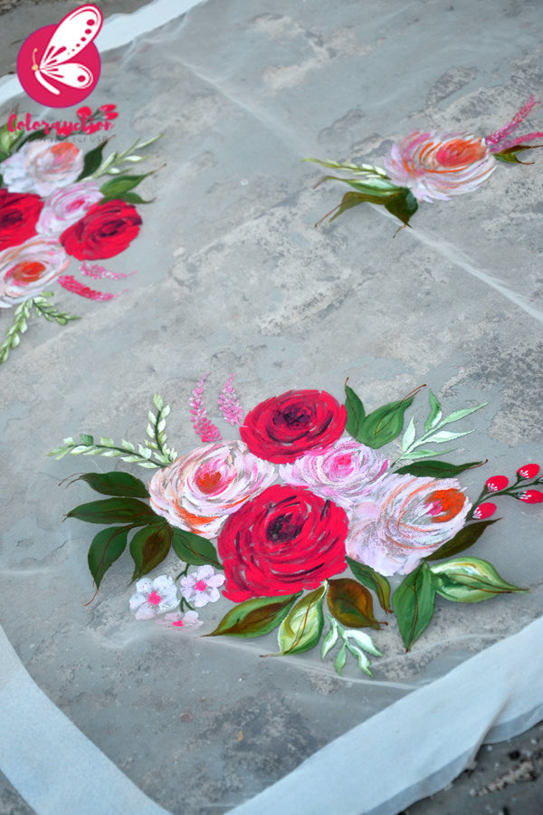 White Organza Handpainted Colourful Roses Statement Stole