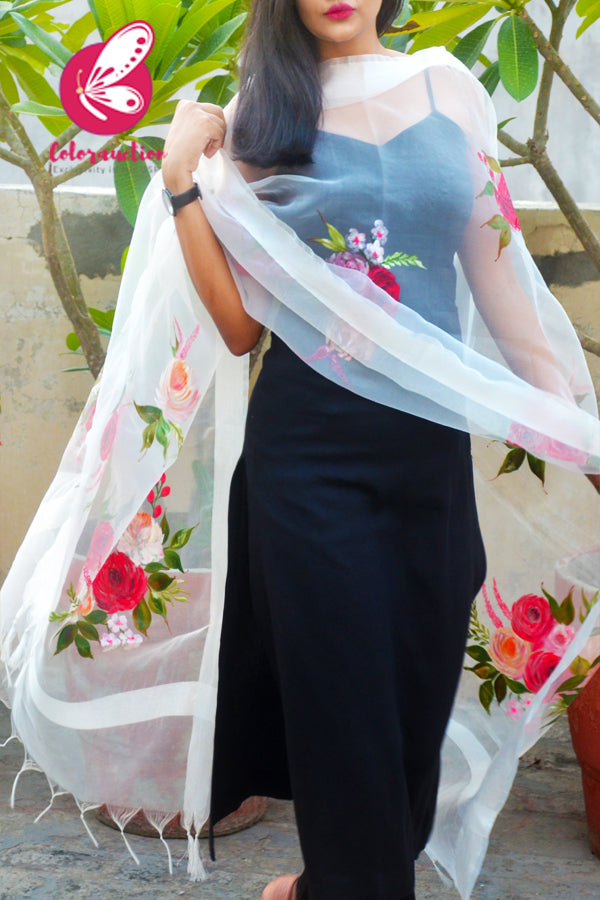 White Organza Handpainted Colourful Roses Statement Stole
