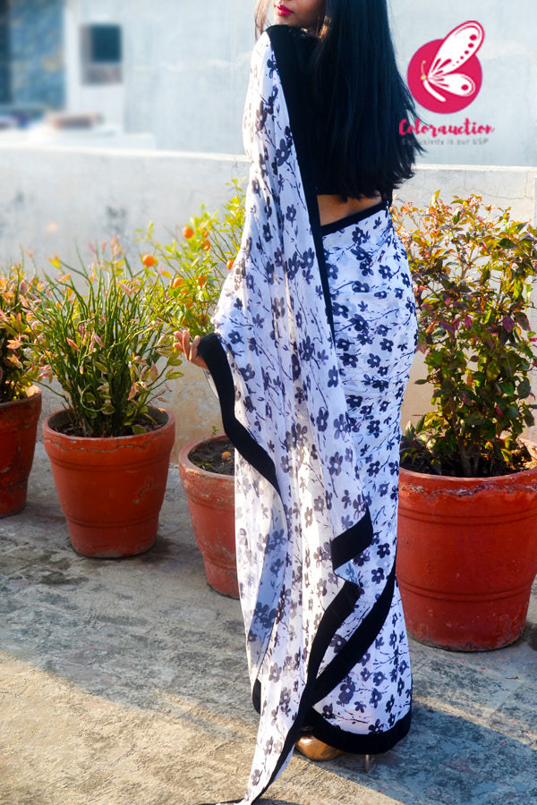 Off White and Black Georgette Black Velvet Taping Saree