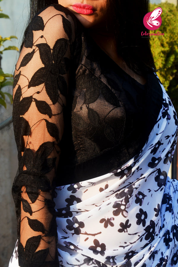 Off White and Black Georgette Black Velvet Taping Saree