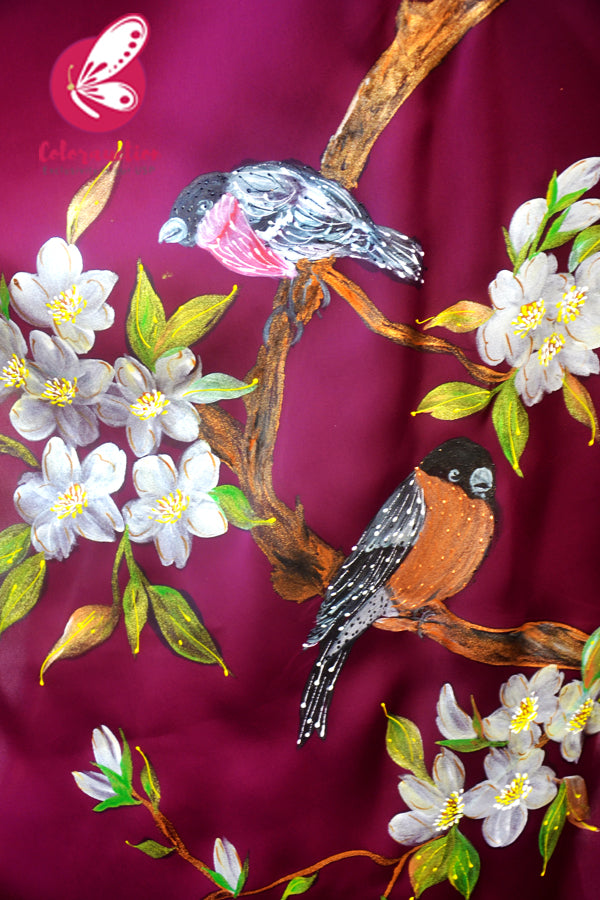 Wine Hand-painted Satin Floral Dupion Taping Saree