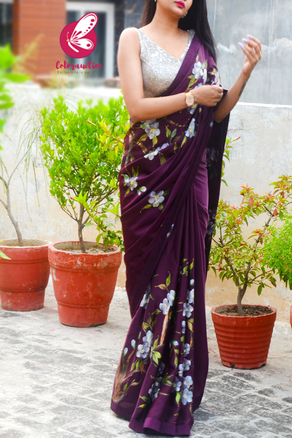 Wine Hand-painted Satin Floral Dupion Taping Saree