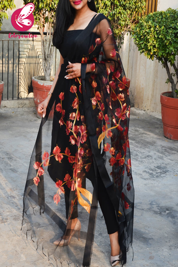 Black Organza Handpainted Maroon Golden Stole