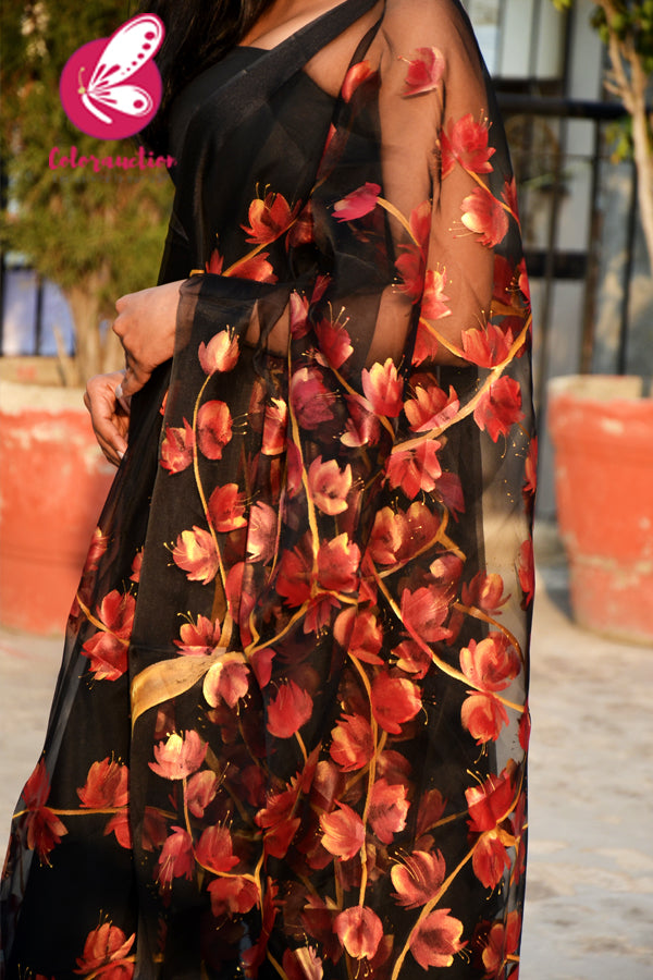 Black Organza Handpainted Maroon Golden Stole