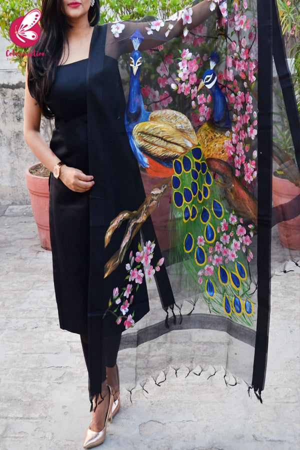 Black Organza Handpainted Peacock Colourful Floral Statement Stole