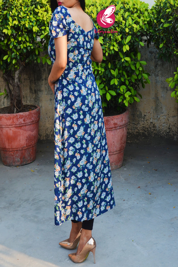 Navy Blue Printed Floral A-Line Rayon Kurti