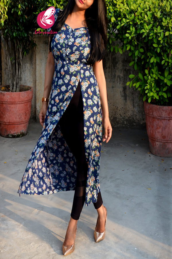 Navy Blue Printed Floral A-Line Rayon Kurti