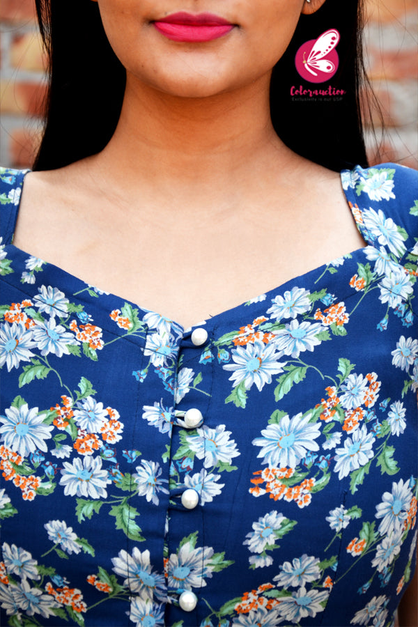 Navy Blue Printed Floral A-Line Rayon Kurti