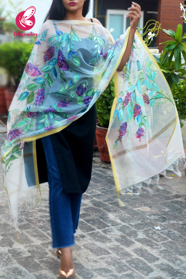 Off White Handpainted Floral Golden Zari Pure Organza Stole