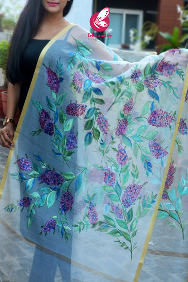 Off White Handpainted Floral Golden Zari Pure Organza Stole