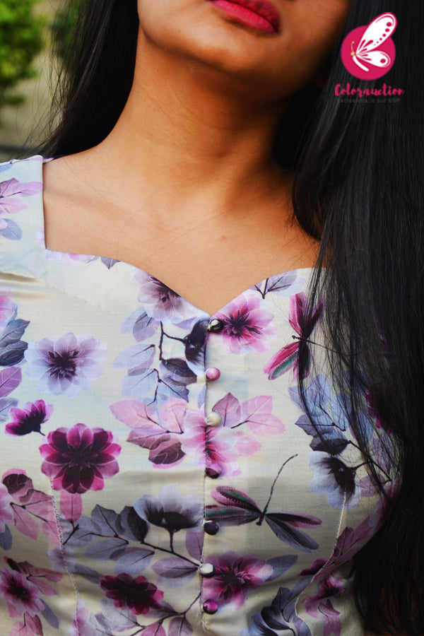 Multicoloured Purple Floral Modal Satin Front Slit Kurti
