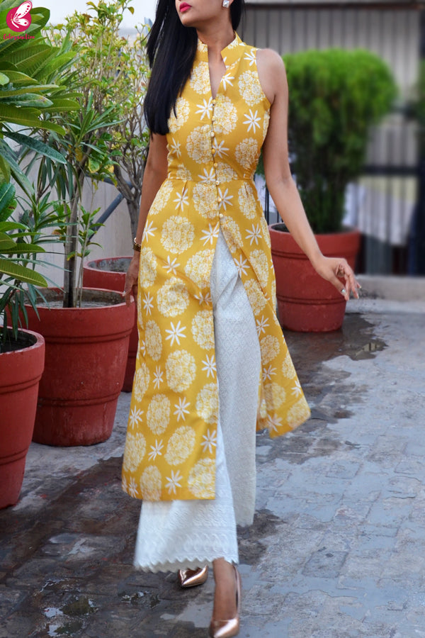 Mustard Printed Rayon Kurti with Cream Lakhnawi Cotton Full Lining Palazzo