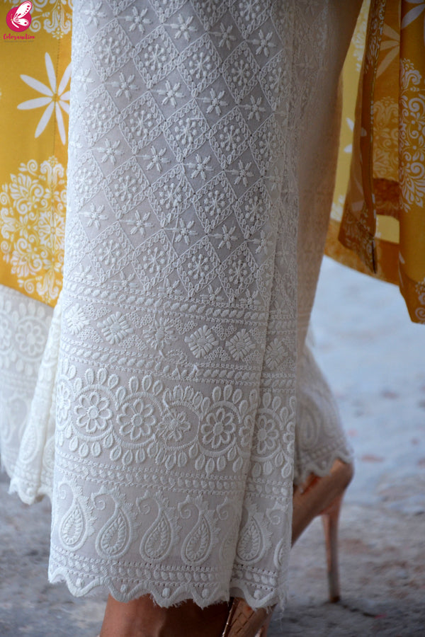 Mustard Printed Rayon Kurti with Cream Lakhnawi Cotton Full Lining Palazzo