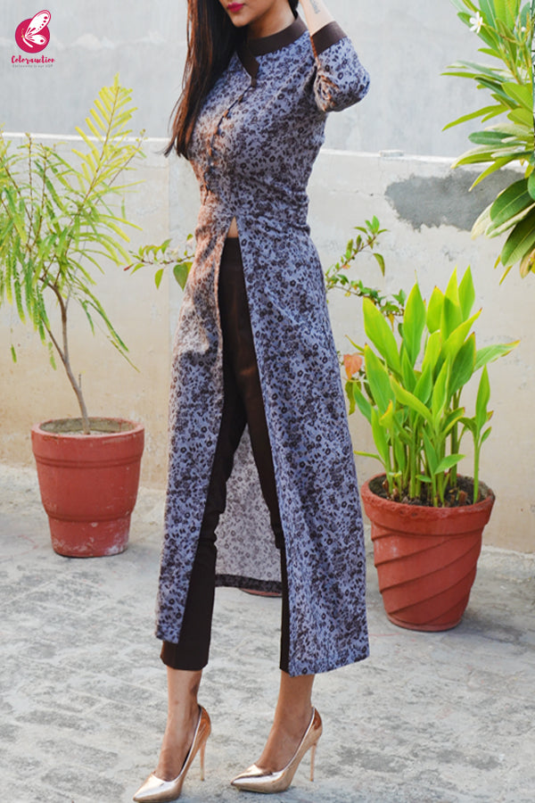 Grey &amp; Dark Brown Printed Cotton Silk Kurti with Dark Brown Cotton Silk Pants