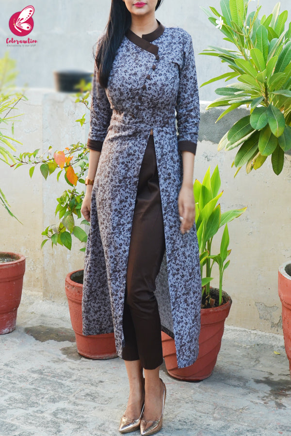 Grey &amp; Dark Brown Printed Cotton Silk Kurti with Dark Brown Cotton Silk Pants