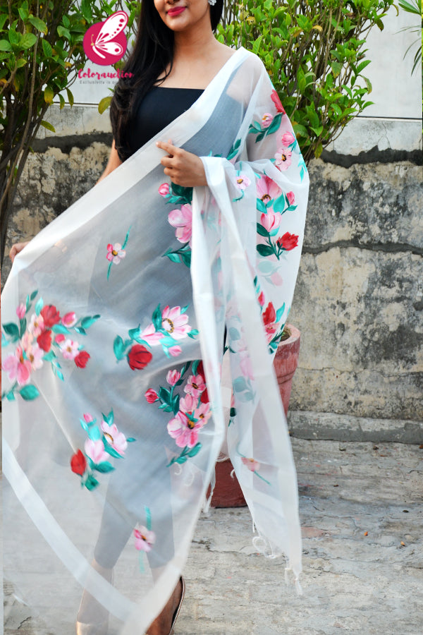 Off White Multicoloured Floral Pure Organza Stole