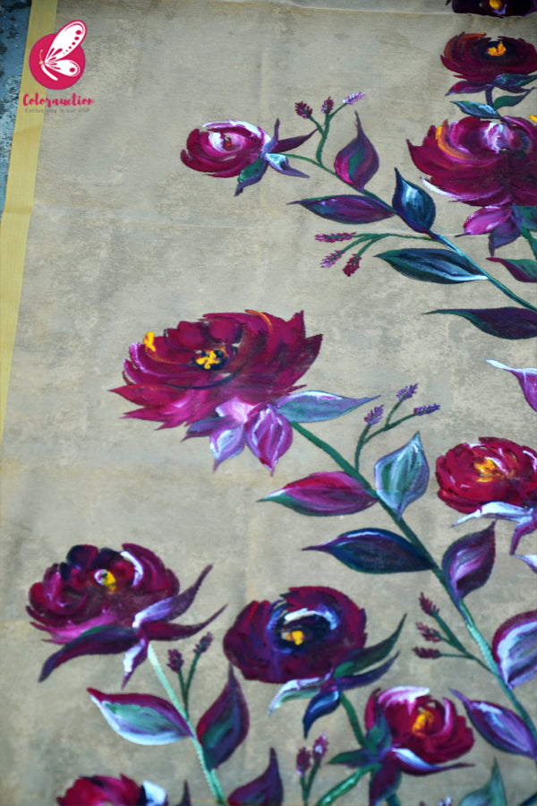 Golden Maroon Roses Pure Organza Floral Handpainted Stole