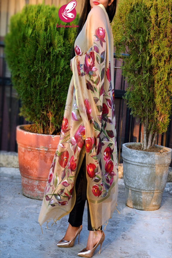 Golden Maroon Roses Pure Organza Floral Handpainted Stole