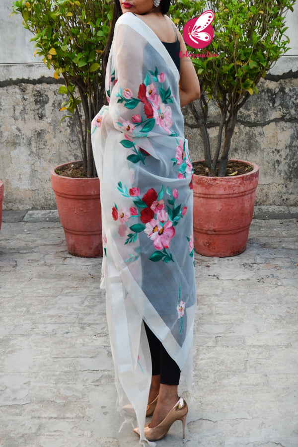 Off White Multicoloured Floral Pure Organza Stole